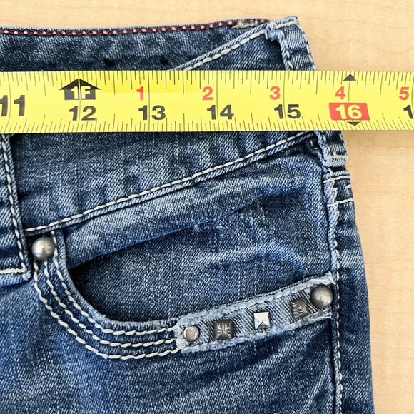 Ariya Jeans Womens Distressed Patch Studded Blue Jeans Size 7/8 Stretch Boot Cut - Picture 8 of 14